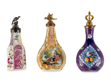 Three South Staffordshire Enamel Scent Bottles