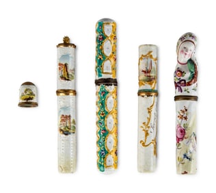 Four South Staffordshire Enamel Bodkin Cases