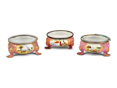 Three Staffordshire Enamel Salt Cellars