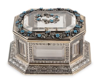 A Continental Enameled Silver and Rock Crystal Mounted Small Box