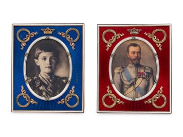 A Pair of Guilloché Enamel, 14k Vari-Color Gold, Diamond, and Cabochon-Mounted Picture Frames