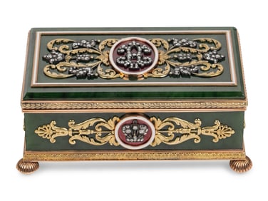 A 14 Karat Gold, Diamond and Guilloché Enamel Hardstone Table Casket