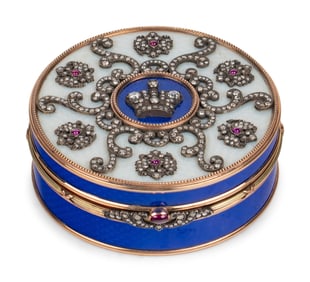 A 14 Karat Vari-Color Gold, Guilloché Enamel, Diamond, and Cabochon Jewel-Mounted Snuff Box