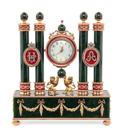 A Gold, Guilloché Enamel, Silver-Gilt and Gemstone-Mounted Nephrite Clock
