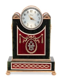 A Gold, Guilloché Enamel, Diamond, Gemstone and Nephrite Mantel Clock