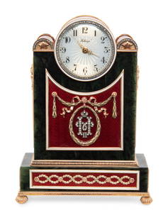 A Gold, Guilloché Enamel, Diamond, Gemstone and Nephrite Mantel Clock: A Gold, Guilloch&#233; Enamel, Diamond, Gemstone and Nephrite Mantel Clock Spurious Faberg&#233; Marks, 20th Century the dial signed Faberge, case with Tsar Nicholas II cipher. marked with spurious Ru