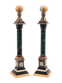 A Pair of Italian Grand Tour Style Multi-Color Marble Columns and Spherical Ornaments