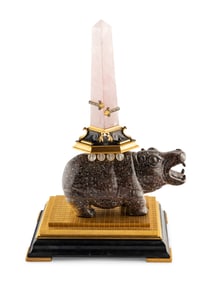 An Ormolu, Pink Quartz, Glass, Hardstone and Black Marble Hippopotamus Obelisk