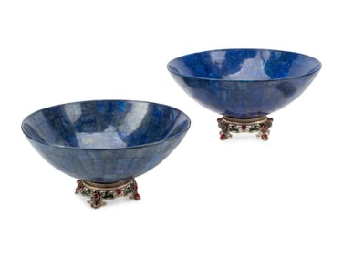 A Pair of Lapis Lazuli Bowls on Jeweled Filigree Bases