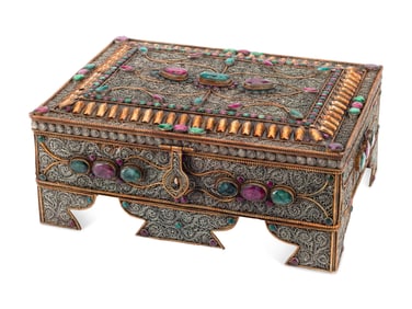 A Silvered Metal Filigree, Ruby and Emerald Table Casket