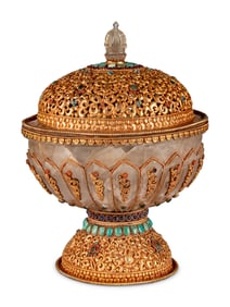 A Large Tibetan Style Jeweled Filigree-Mounted Rock Crystal Bowl and Cover