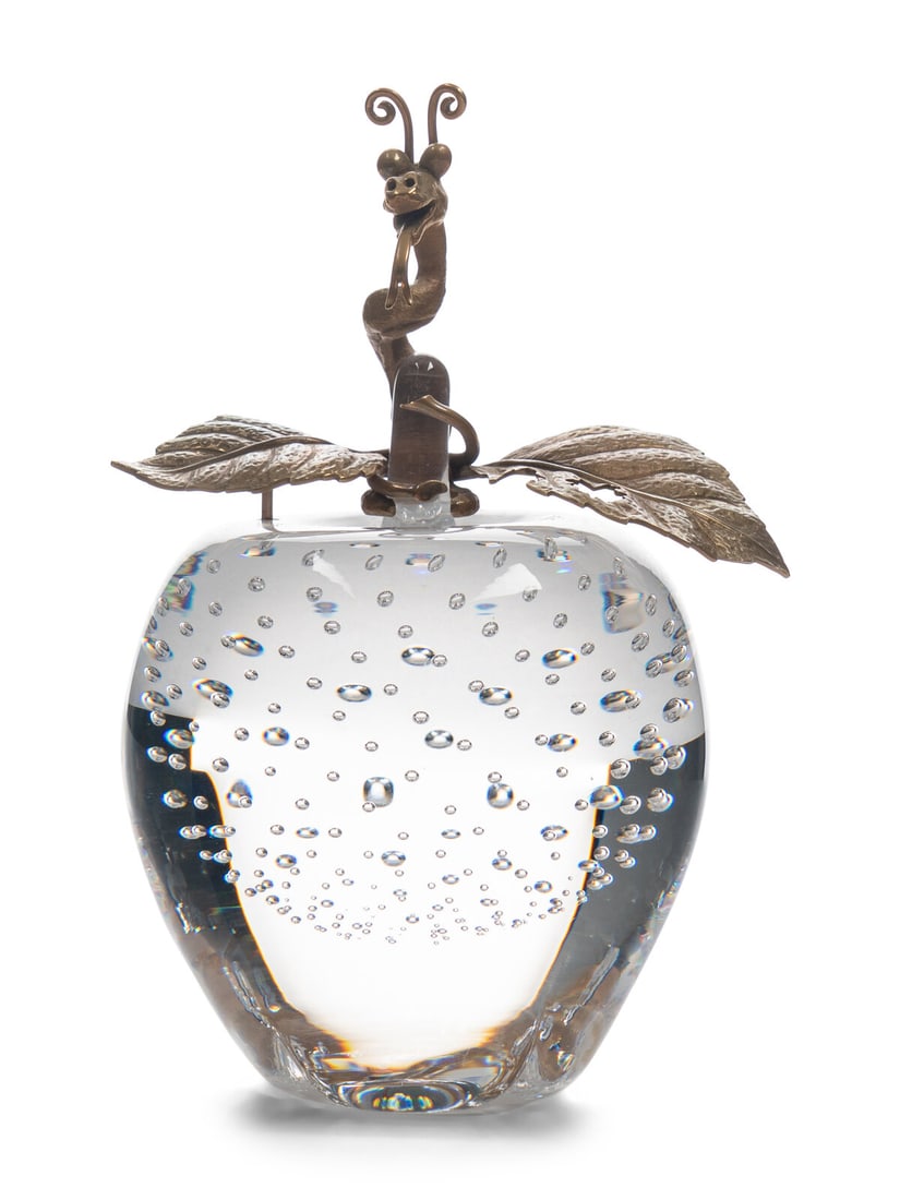 A Steuben Glass and 18 Karat Gold Apple of Eden Sculpture: A Steuben Glass and 18 Karat Gold Apple of Eden Sculpture Designed by James Houston, Modern Model 1013, signed Steuben on underside. Height 6 inches. Property of a California Collector Provenance: Pro