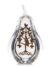 A Steuben Glass and 18 Karat Gold Partridge in a Pear Tree Sculpture