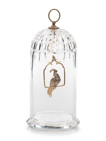 A Steuben Cut Glass and 18 Karat Gold Bird Cage Sculpture