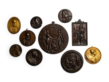 Ten Continental Bronze and Gilt-Bronze Commemorative Bas Relief Plaques