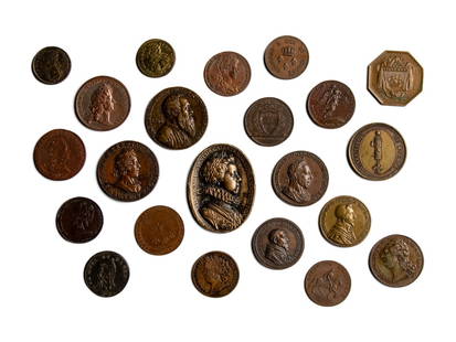 A Collection of Continental Bronze, Copper and Mixed-Metal Commemorative Medallions and Jetons: A Collection of Continental Bronze, Copper and Mixed-Metal Commemorative Medallions and Jetons 17th Century and Later comprising various examples, the majority of French subjects; 22 items total. Heig