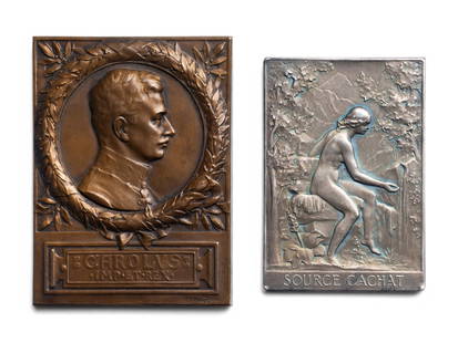 [EXONUMIA] Two Continental Commemorative Plaquettes: [EXONUMIA] Two Continental Commemorative Plaquettes Early 20th Century comprising: 1) A French silvered-bronze example by Ch. Baylard and F. Vernon commemorating the opening of the Baths at Evian (67.