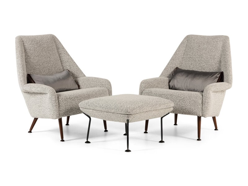 A Pair of Ernest Race Boucle-Upholstered Flamingo Armchairs : A Pair of Ernest Race Boucle-Upholstered Flamingo Armchairs together with a similarly upholstered ottoman. Height 35 1/2 x width 33 x depth 23 inches. Property from