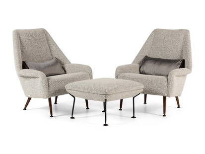 A Pair of Ernest Race Boucle-Upholstered Flamingo Armchairs : A Pair of Ernest Race Boucle-Upholstered Flamingo Armchairs  together with a similarly upholstered ottoman. Height 35 1/2 x width 33 x depth 23 inches. Property from