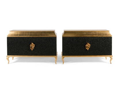 A Pair of Custom Koket Gilt Metal Mounted and Peacock Feather-Inset Giltwood Divine Cabinets: A Pair of Custom Koket Gilt Metal Mounted and Peacock Feather-Inset Giltwood Divine Cabinets the cabinet doors opening to mirrored drawers. Height 36 x width 54 3/4 x depth 20 inches.