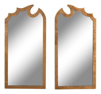 A Pair of Gilt Metal Katie Mirrors: A Pair of Gilt Metal Katie Mirrors Bradley, 20th Century each with a faux-antiqued mirror plate. Height 54 x width 26 x depth 1 1/4 inches. Property from the Chicago