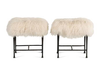 A Pair of Christian Liaigre Sheepskin Upholstered Patinated Bronze Sud Stools