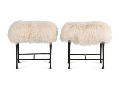 A Pair of Christian Liaigre Sheepskin Upholstered Patinated Bronze Sud Stools: A Pair of Christian Liaigre Sheepskin Upholstered Patinated Bronze Sud Stools Retailed by Holly Hunt each stamped 'Christian Liaigre pour Holly Hunt