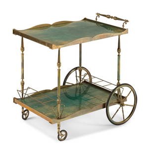 Aldo Tura
(Italian, 1909-1963)
Bar Cart: Aldo Tura (Italian, 1909-1963) Bar Cart lacquered goatskin, brass Height 31 1/2 x width 22 x depth 31 1/4 inches. Property from the Chicago Residence of Interior Designer Donna Mondi This lot