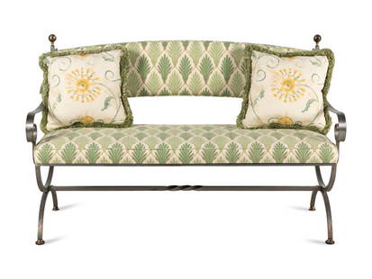 An Italian Iron and Brass Upholstered Bench: An Italian Iron and Brass Upholstered Bench 20th Century with two associated cushions Height 33 1/4 x width 52 1/2 x depth 21 inches. Property from the Buck Family Collection,