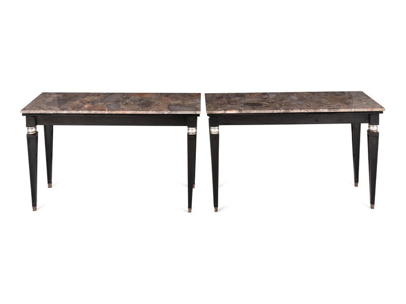 A Pair of Continental Style Black Lacquered and Part-Silvered Marble-Top Console Tables: A Pair of Continental Style Black Lacquered and Part-Silvered Marble-Top Console Tables 20th Century Height 31 x width 50 3/8 x depth 18 5/8 inches. This lot is located in