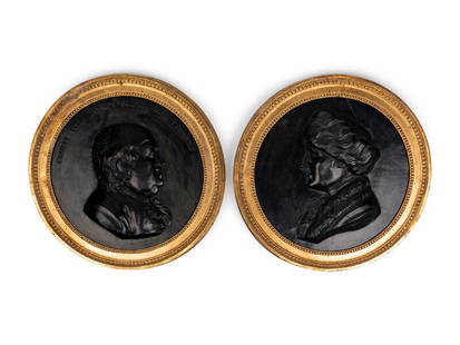 A Pair of Continental Cast Plaster Portrait Plaques of Benjamin Franklin and Thomas
Jefferson: A Pair of Continental Cast Plaster Portrait Plaques of Benjamin Franklin and Thomas Jefferson 19th Century Diameter of plaques 18 inches. Property of a Califor