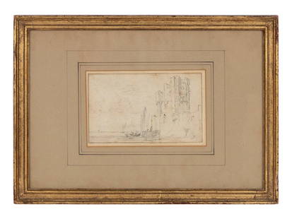 Attributed to Jan Josefsz. van Goyen
(Dutch, 1596-1656)
A River Landscape with a Castle Beyond: Attributed to Jan Josefsz. van Goyen (Dutch, 1596-1656) A River Landscape with a Castle Beyond pencil on paper 3 1/2 x 5 3/4 inches. This lot is located in Palm Beach. Si