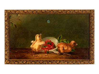 Thomas Hill
(American, 1829-1908)
Two Chicks, Butterfly, and Bowl of Strawberries: Thomas Hill (American, 1829-1908) Two Chicks, Butterfly, and Bowl of Strawberries oil on canvas signed Tho. Hill&nbsp;(lower right) 8 x 14 inches. This lot is located in Phil