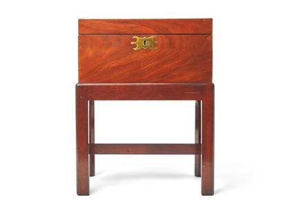 A Regency Mahogany and Parquetry Writing Box : A Regency Mahogany and Parquetry Writing Box  Circa 1820s on a later stand. Height of writing box 7 x width 14 1/4 x depth 8 3/4 inches; Height overall 19 x width 14 3/4 x depth 9 1/4 inches. </