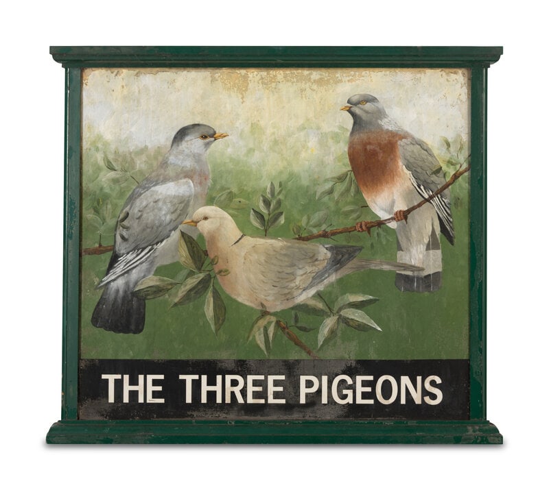 A Three Pigeons Green Painted Tôle Pub Sign  (1 of 3)
