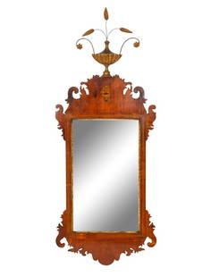 A Federal Parcel-Gilt Mahogany and Marquetry Looking Glass : A Federal Parcel-Gilt Mahogany and Marquetry Looking Glass  Circa 1800 with urn finial. Height 50 x width 20 inches. Property from a Prout's Neck, Maine Residence T