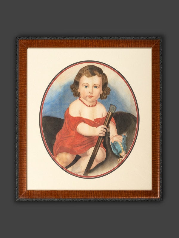 American School, 19th Century: American School, 19th Century Portrait of a Girl in Red Dress with Coral Beads and Doll watercolor on paper unsigned 21 1/2 x 17 3/4 inches. This lot is lo