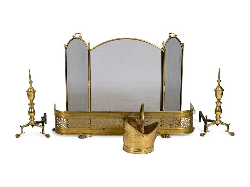 A Group of Federal and Classical Style Brass and Iron Fireplace Accessories: A Group of Federal and Classical Style Brass and Iron Fireplace Accessories 19th and 20th Century comprising a pair of andirons, a screen, fender, and an ash bucket. Height of screen 35 x width (f