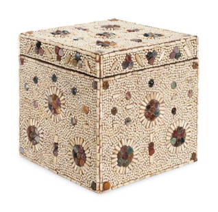 A Victorian Style Beadwork and Hardstone Mounted Lidded Box: A Victorian Style Beadwork and Hardstone Mounted Lidded Box 20th Century Height 9 1/4 inches x width 9 1/4 x depth 9 1/4 inches. Property from a Prout's Neck, Maine Residence