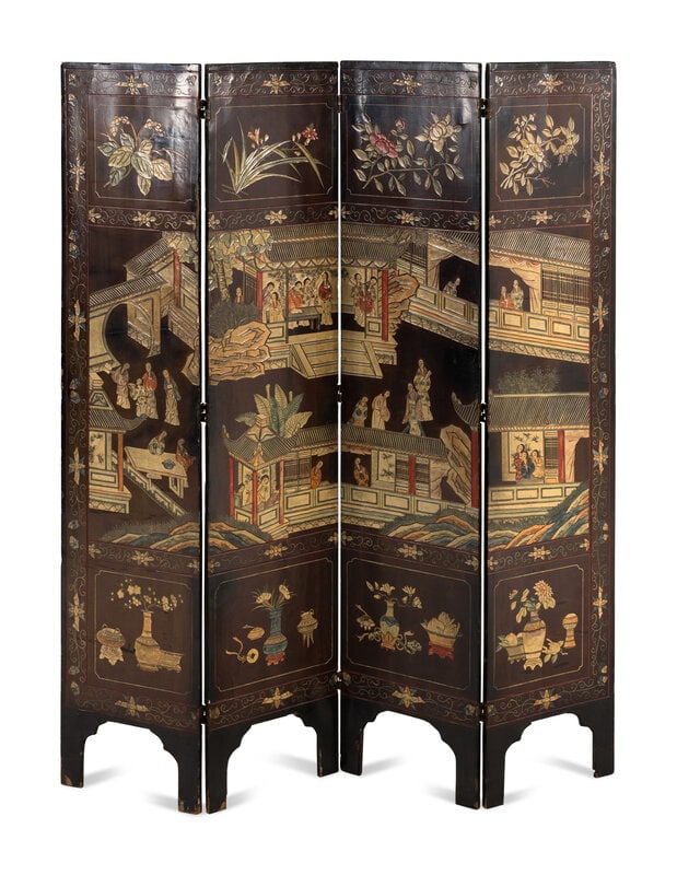 A Chinese Export Lacquer Four-Panel Floor Screen  (1 of 4)
