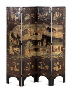 A Chinese Export Lacquer Four-Panel Floor Screen : A Chinese Export Lacquer Four-Panel Floor Screen  20th Century Height 72 x width of each panel 16 inches. This lot is located in Chicago.