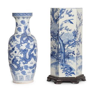 Two Chinese Export Porcelain Articles: Two Chinese Export Porcelain Articles 20th Century comprising an umbrella stand and a baluster-form vase. Height of umbrella stand 25 1/2 x width 11 inches. This lot i
