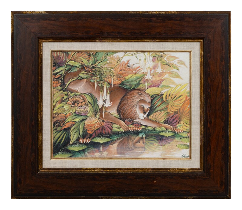 Gustavo Novoa (Chilean/ American, b. 1941) Pensive Lion: Gustavo Novoa (Chilean/ American, b. 1941) Pensive Lion oil on artists board signed G. Novoa (lower right); signed and titled and dated 2001 (on the reverse) 11 x 14 inches. </