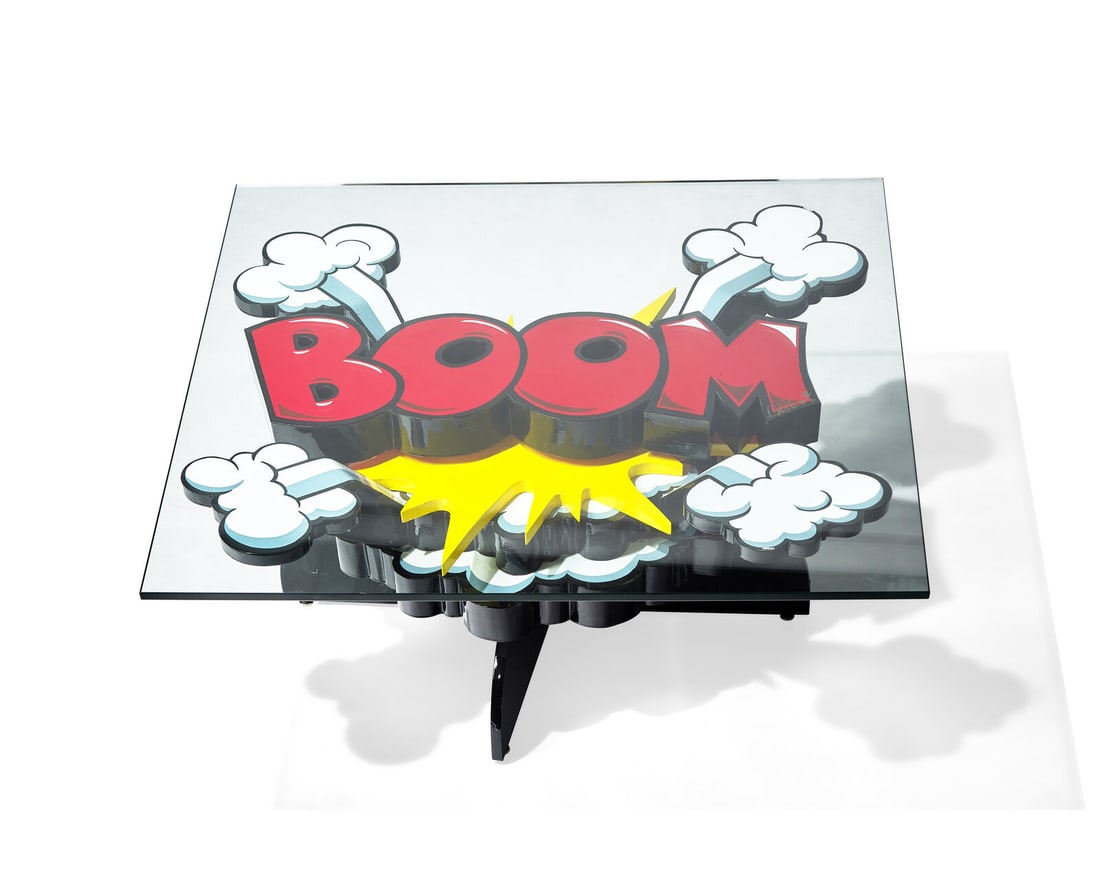 David Kracov (American, b. 1968) Boom Coffee Table: David Kracov (American, b. 1968) Boom Coffee Table glass, painted metal Signature on surface 15 3/4 x 50 x 50 inches. This lot is located in Philadelphia.