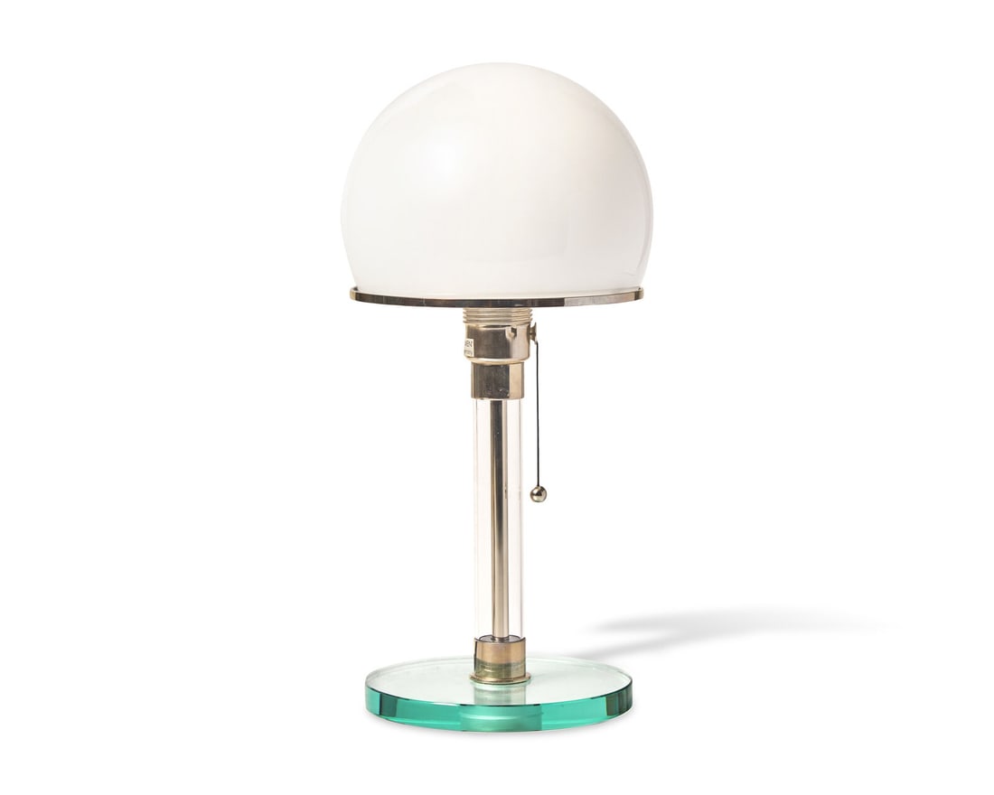 Wilhelm Wagenfeld (German, 1900-1990) Table lamp, model WG24Teknolumen: Wilhelm Wagenfeld (German, 1900-1990) Table lamp, model WG24Teknolumen glass, nickel-plated metal 'Tecnolumen, Made in Germany' sticker, no discernable marks or signatures 14 1/4 h x 6 1/4 dia inches.