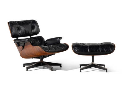 Charles and Ray Eames (American, 1907–1978 | 1913–1988) 670 / 671 lounge chair and: Charles and Ray Eames (American, 1907–1978 | 1913–1988) 670 / 671 lounge chair and ottoman, 1956 / c. 1970Herman Miller, USA rosewood, steel and leather with sticker labels to underside 32