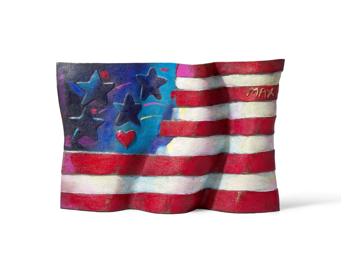Peter Max (American, b. 1937) American Flag, 1991: Peter Max (American, b. 1937) American Flag, 1991 painted cast bronze cast signature, incised with date and numbered 192/250 11 1/2 x 17 1/2 inches. This lot is located in Philadelphia. Provenance: Pr