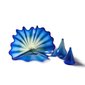 Dale Chihuly (American, b. 1941) 3 Persian Blue elements with orange lip wraps, 1998