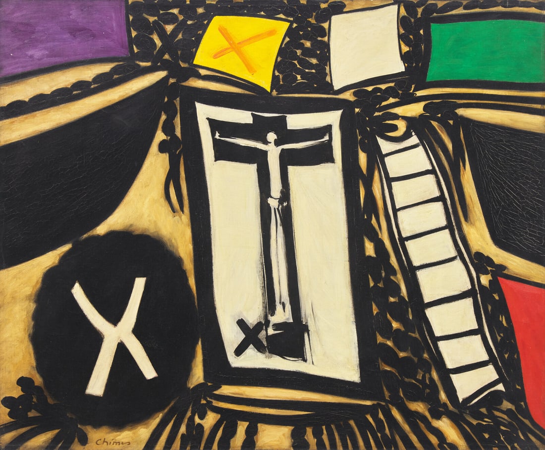 Thomas Chimes (American, 1921-2009) Crucifix 1, 1962: Thomas Chimes (American, 1921-2009) Crucifix 1, 1962 oil on linen signed Chimes (lower left) 18 1/2 x 22 1/2 inches. This lot is located in Philadelphia. Provenance: The Artist. By family descent. Pri