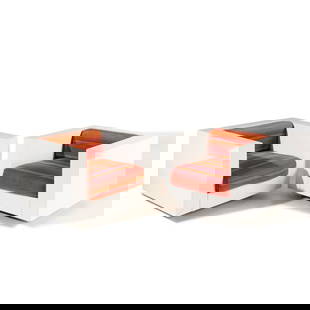 Massimo Vignelli (Italian, 1931-2014) Pair of Saratoga cube chairs Stendig: Massimo Vignelli (Italian, 1931-2014) Pair of Saratoga cube chairs Stendig lacquered wood, upholstery 'Stendig made in Italy' label to underside of one example 24 h x 25 1/2 w x 35 1/4 d inches. This
